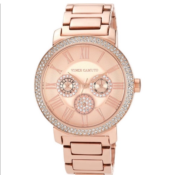 ROSE GOLD PAVE BEZEL TRIPLE SUBDIAL WATCH IN GOLD STAINLESS STEEL - Picture 1 of 9